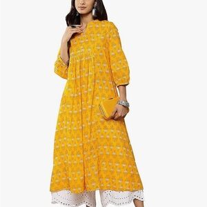 Janasya Indian Women's Cotton Yellow Botanical Print Casual Wear Kurta 100%Cotto